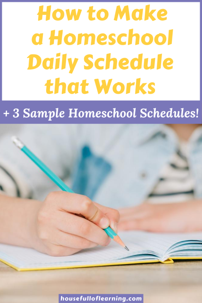 A Homeschool daily schedule is the key to homeschooling success! Whether you want to be structured or relaxed, use a traditional, block or loop schedule, this guide has tips & sample homeschool schedules to help you plan your homeschool day! #homeschool #homeschooling #schoolathome #learningathome #homeschooltips